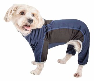 Pet Life Active 'Warm-Pup' Heathered Performance 4-Way Stretch Two-Toned Full Body Warm Up (Color: Navy, size: X-Small)