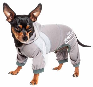 Dog Helios 'Namastail' Lightweight 4-Way Stretch Breathable Full Bodied Performance Yoga Dog Hoodie Tracksuit (Color: Grey, size: small)