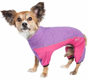 Pet Life Active 'Chase Pacer' Heathered Performance 4-Way Stretch Two-Toned Full Body Warm Up (Color: purple, size: X-Small)